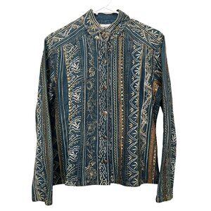 CHICO'S Denim Gold All Over Embroidered Sequinned Button Down Show Shirt Size M